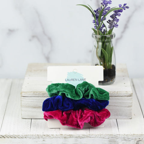 Velour Hair Scrunch Set in Kelly Green, Blue, Hot Pink