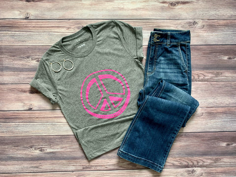 Pink Peace Sign T-Shirt on Gray